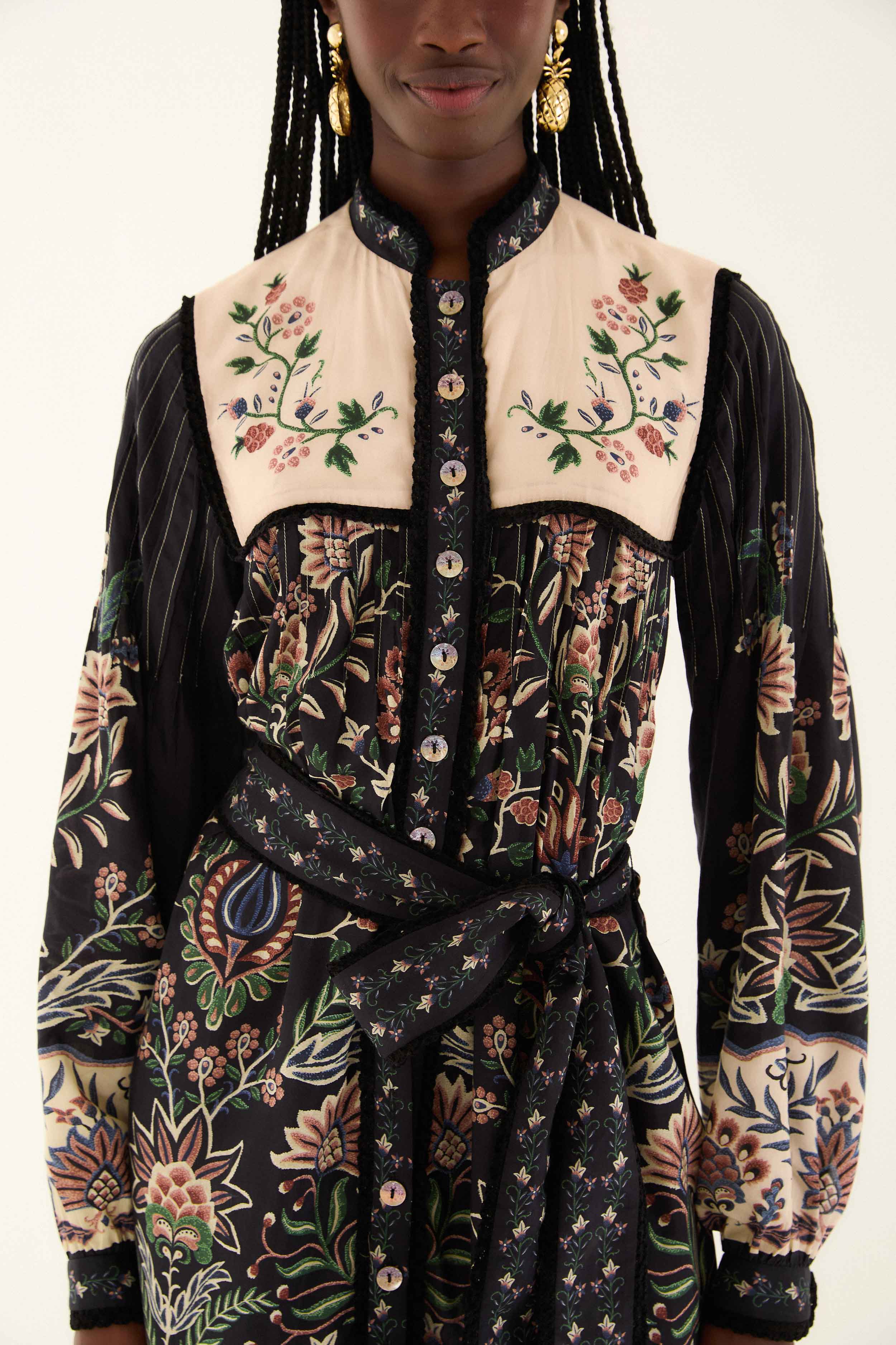 Black Marvelous Garden Long Sleeve Maxi Dress