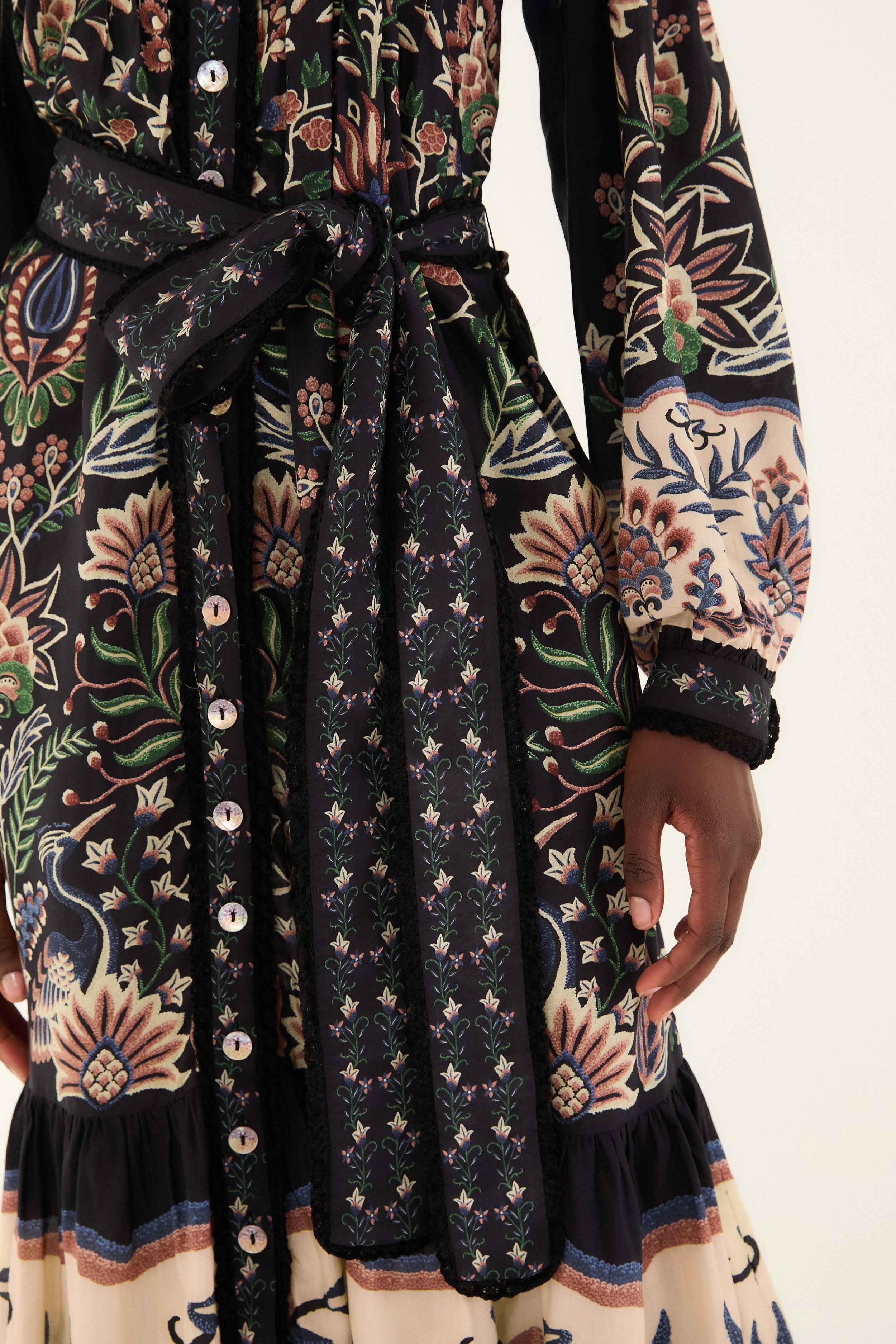 Black Marvelous Garden Long Sleeve Maxi Dress