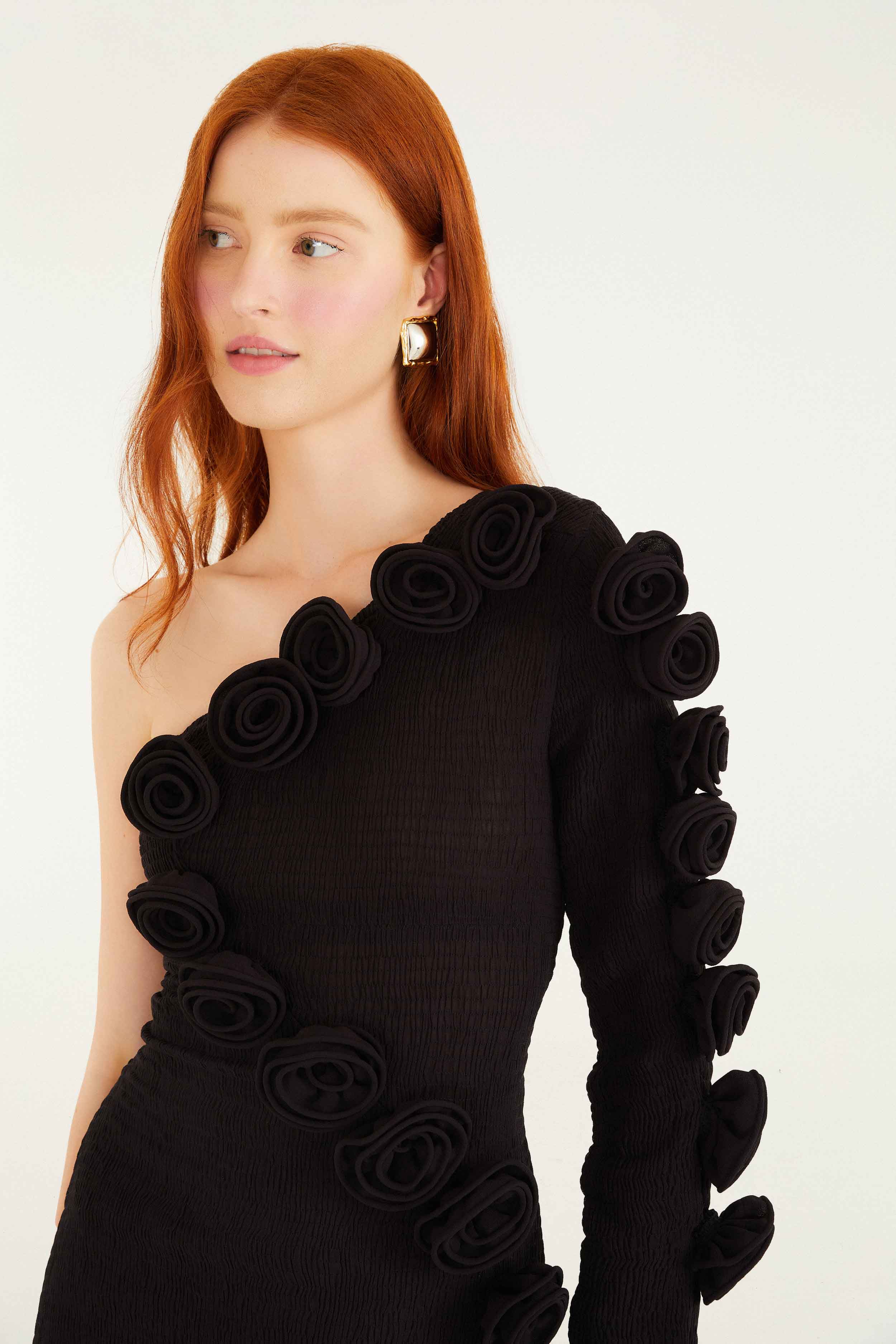 Black 3d Rose One-Shoulder Midi Dress