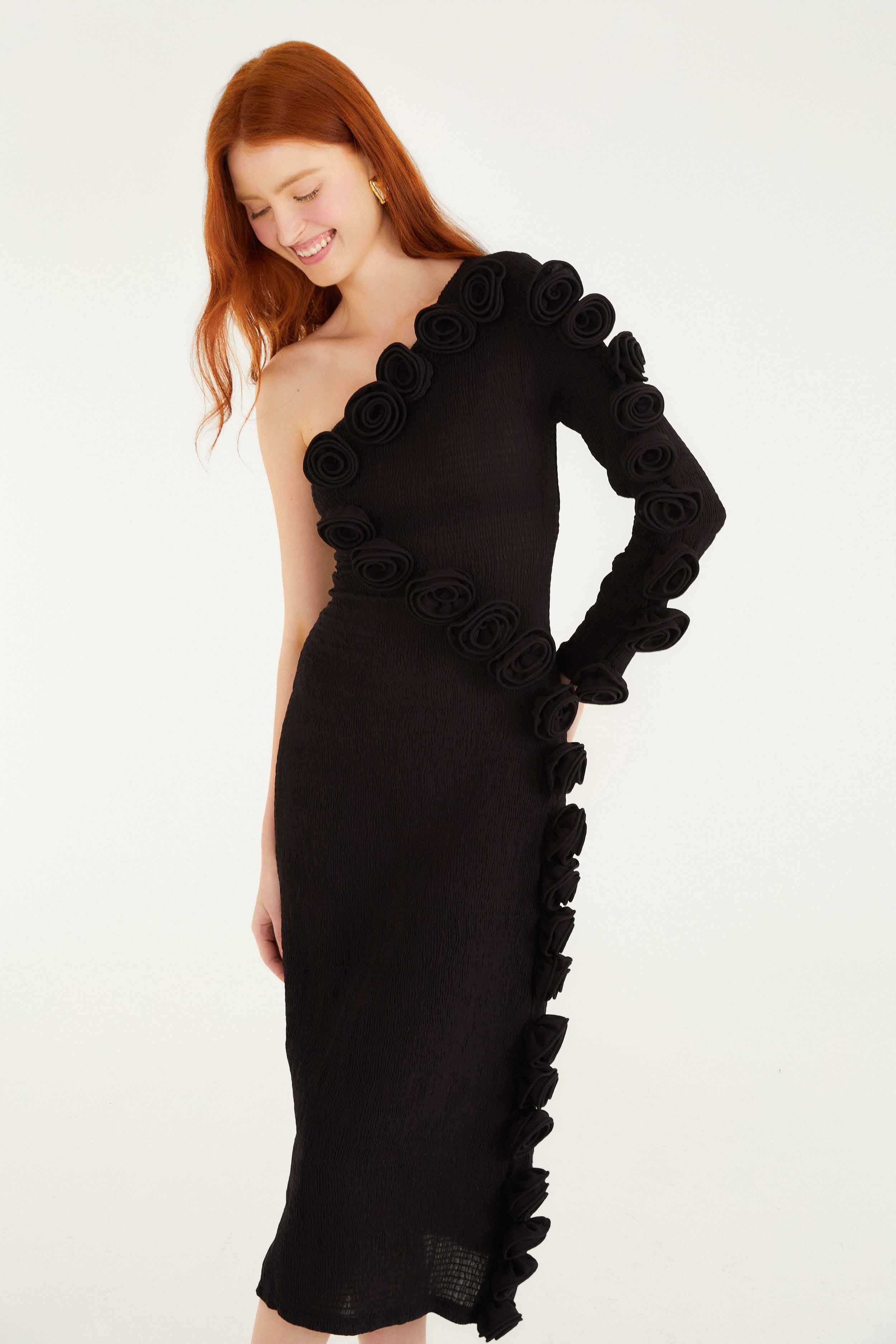 Black 3d Rose One-Shoulder Midi Dress