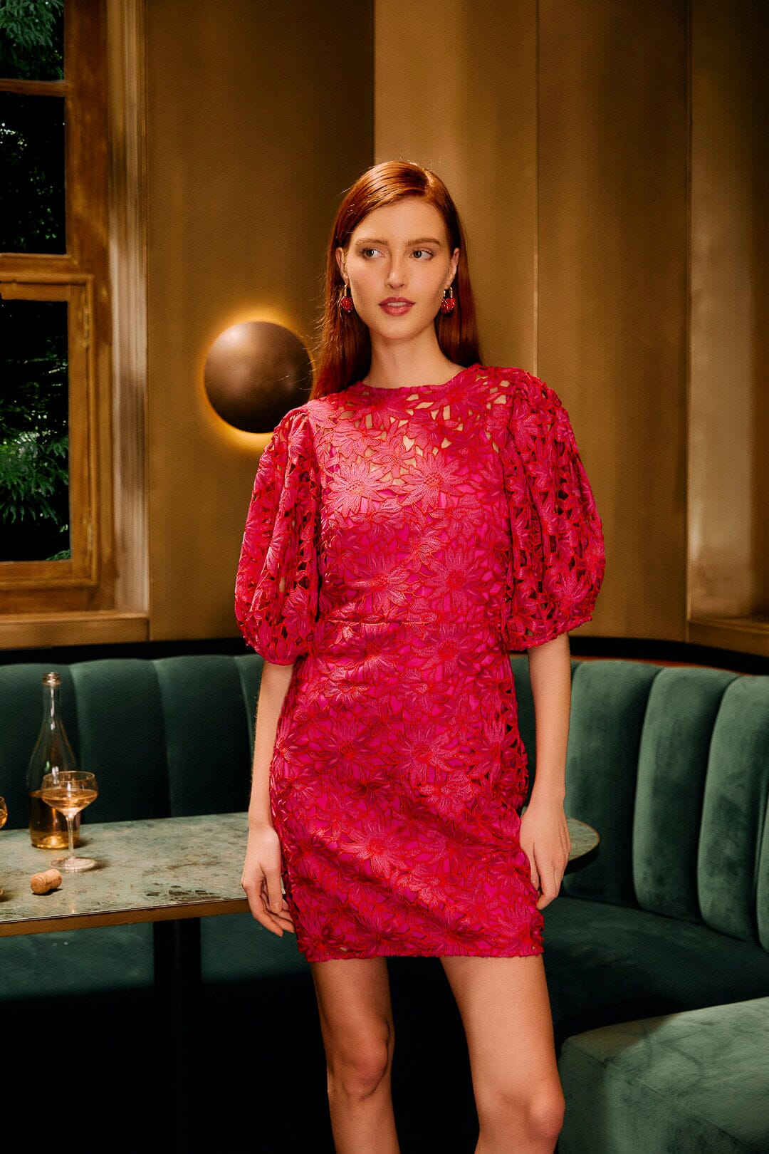 Pink Flowered Lace Puff Sleeve Lined Mini Dress