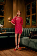 Pink Flowered Lace Puff Sleeve Lined Mini Dress