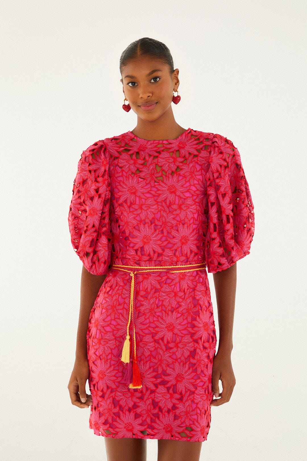 Pink Flowered Lace Puff Sleeve Lined Mini Dress