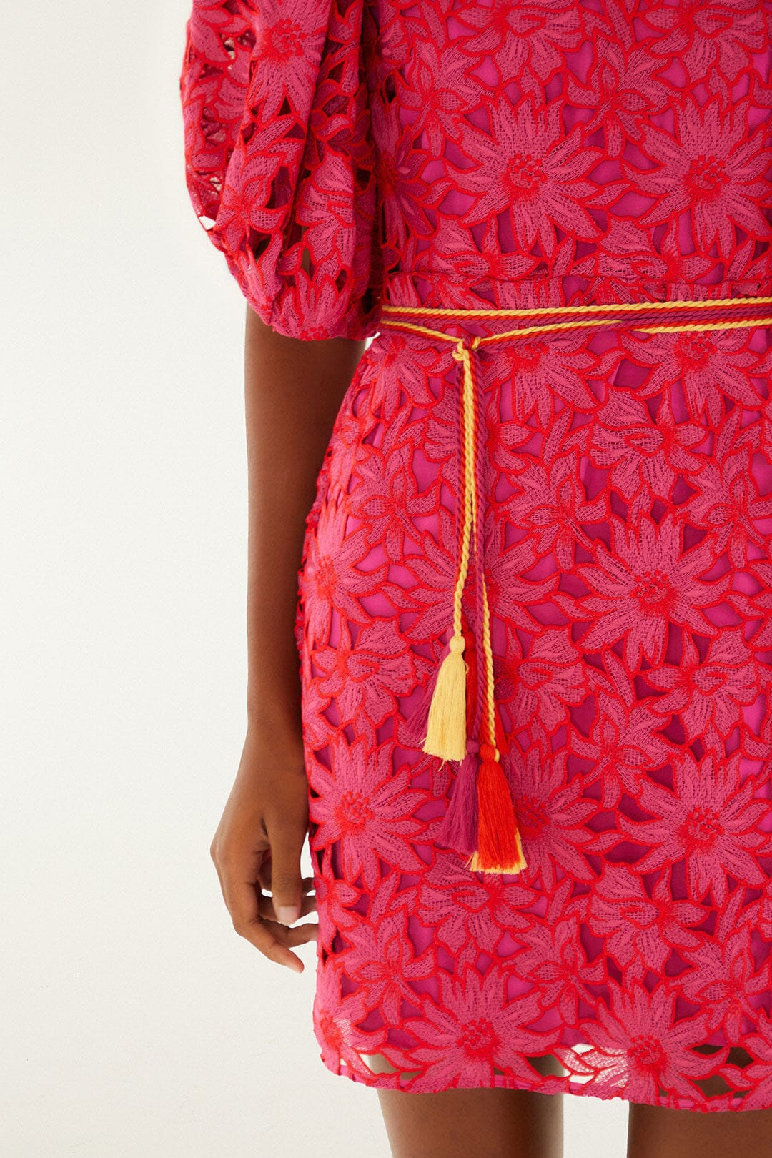 Pink Flowered Lace Puff Sleeve Lined Mini Dress