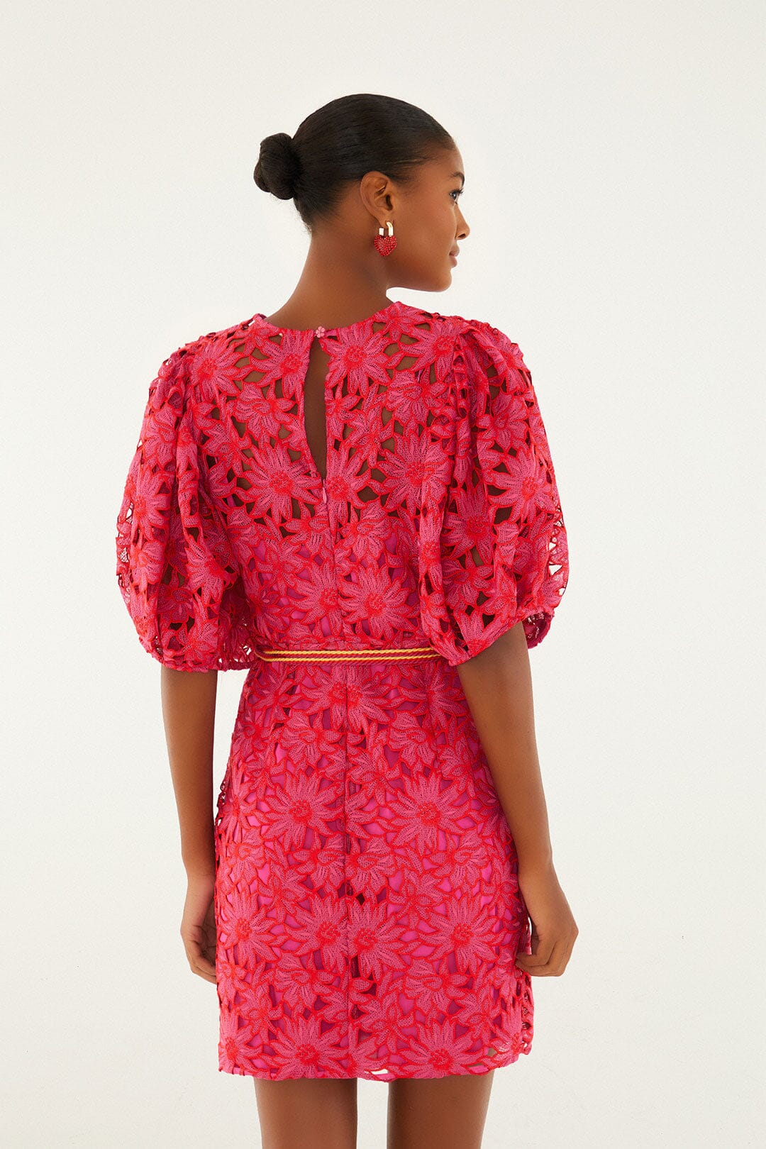 Pink Flowered Lace Puff Sleeve Lined Mini Dress