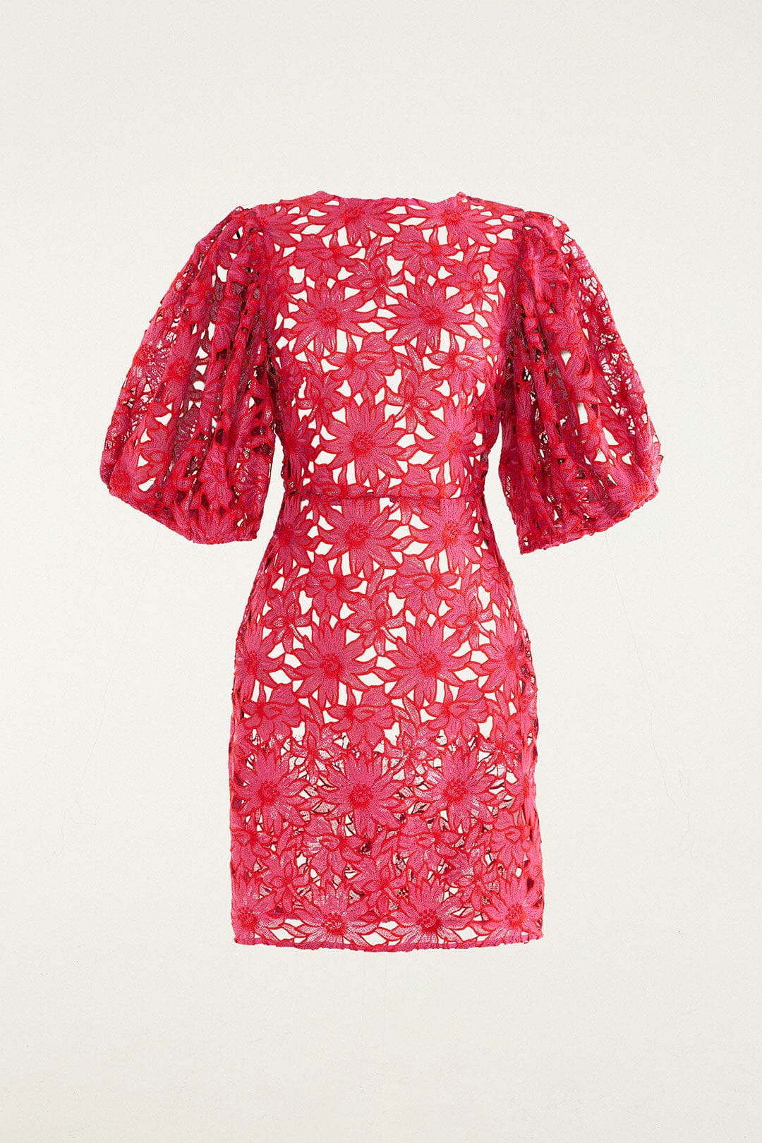 Pink Flowered Lace Puff Sleeve Lined Mini Dress