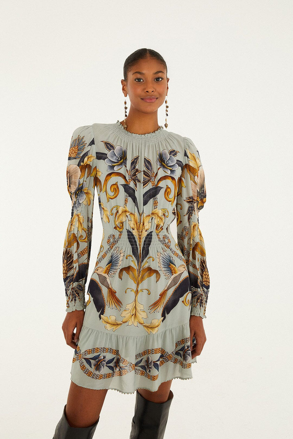 Blue Snake Garden Long Sleeve Mini Dress