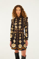 Black Bold Flowers Long Sleeve Organic Cotton Mini Dress