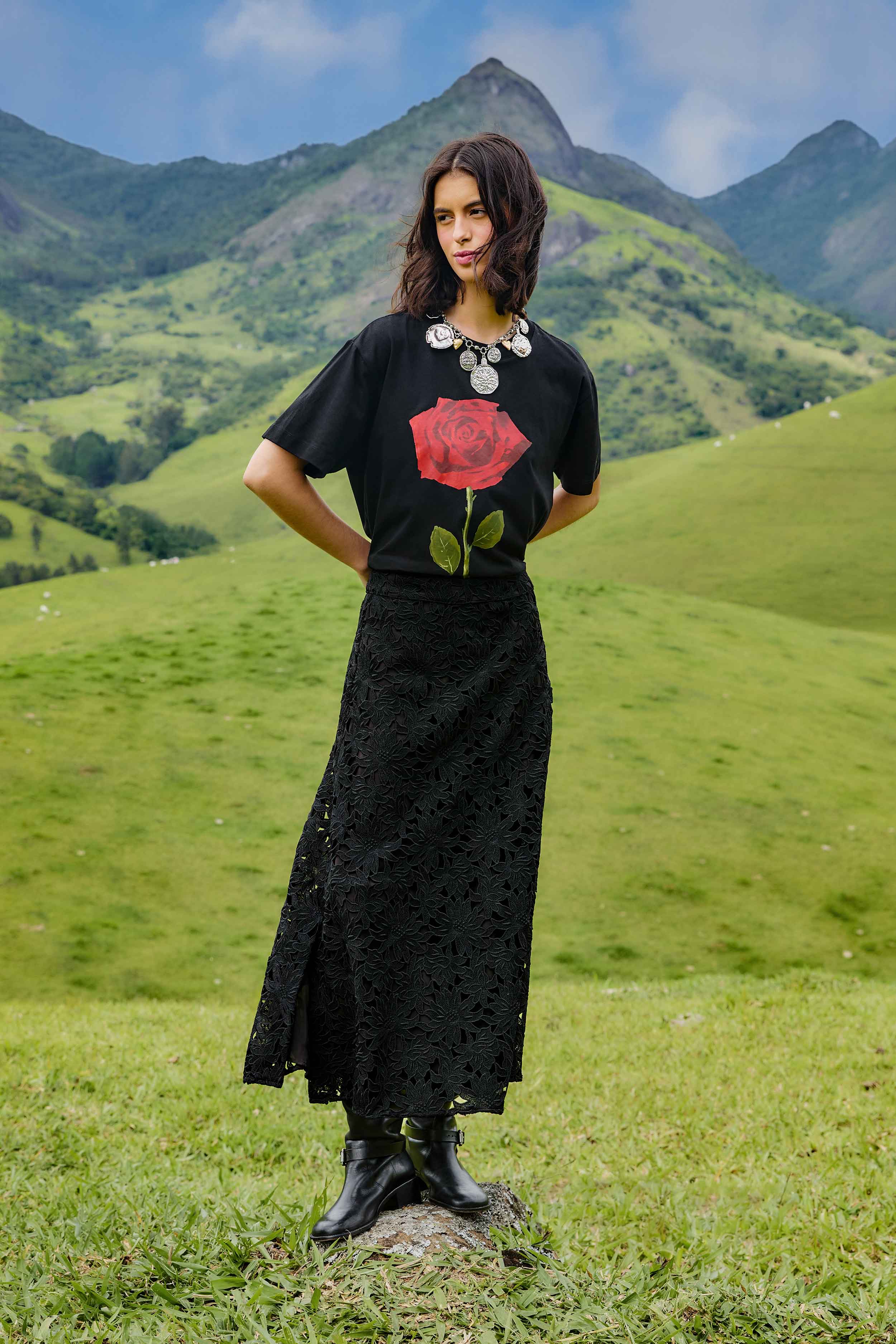 Black Flowered Lace Midi Skirt
