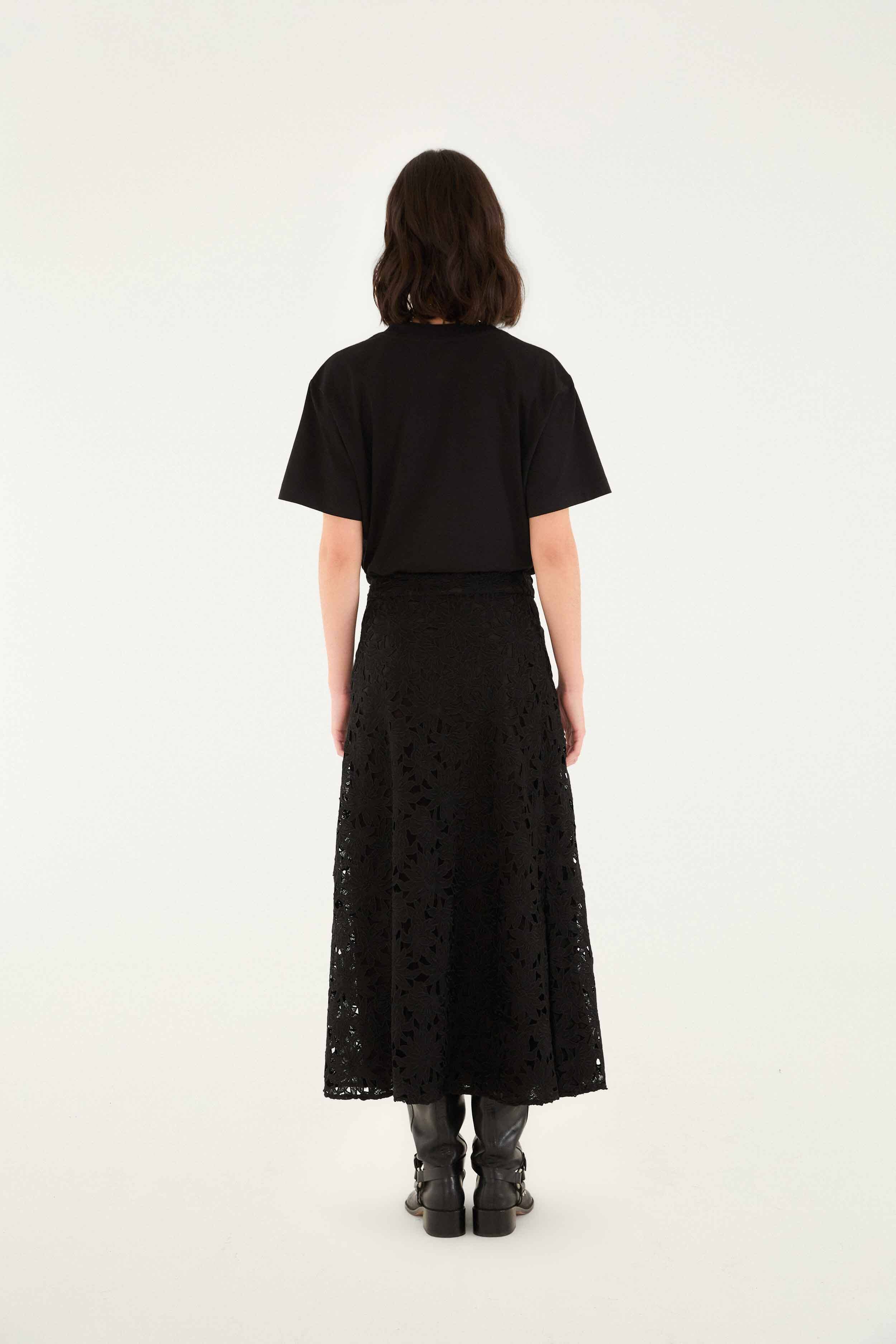 Black Flowered Lace Midi Skirt