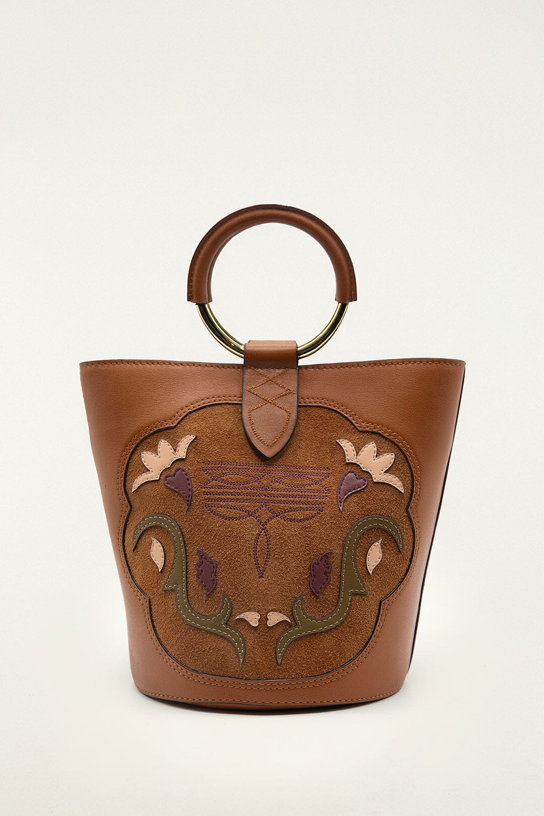 Brown Western Embroidered Leather Bucket Bag