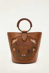 Brown Western Embroidered Leather Bucket Bag