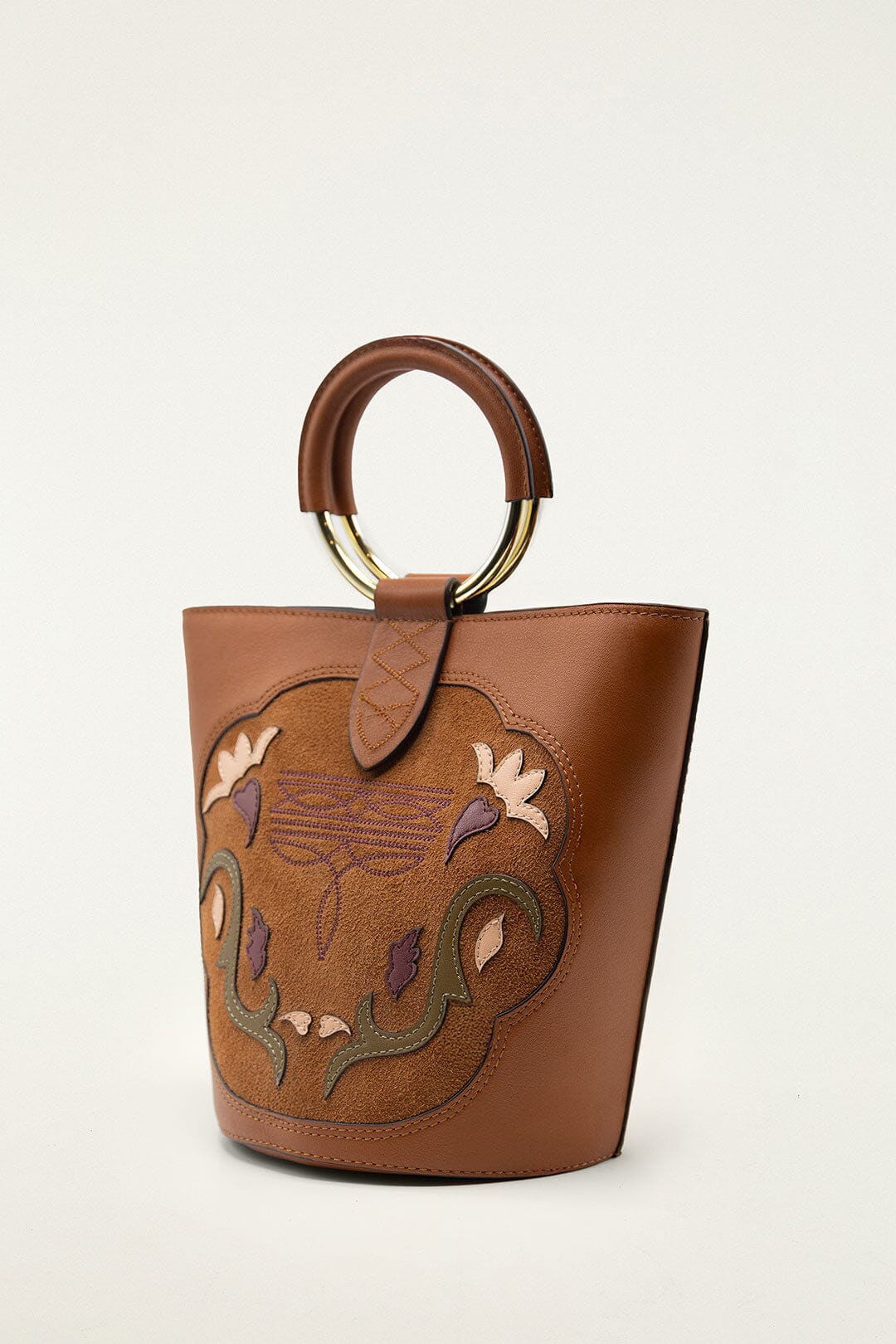 Brown Western Embroidered Leather Bucket Bag