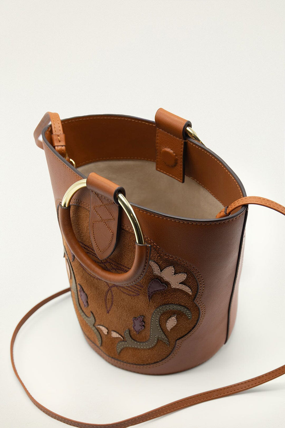 Brown Western Embroidered Leather Bucket Bag