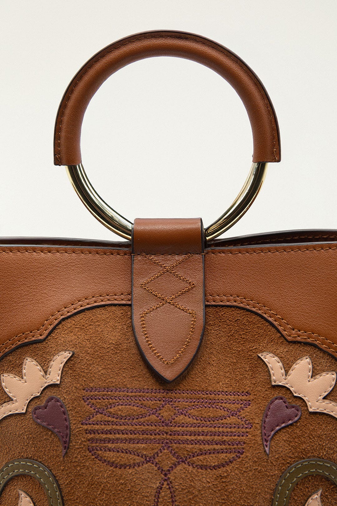 Brown Western Embroidered Leather Bucket Bag