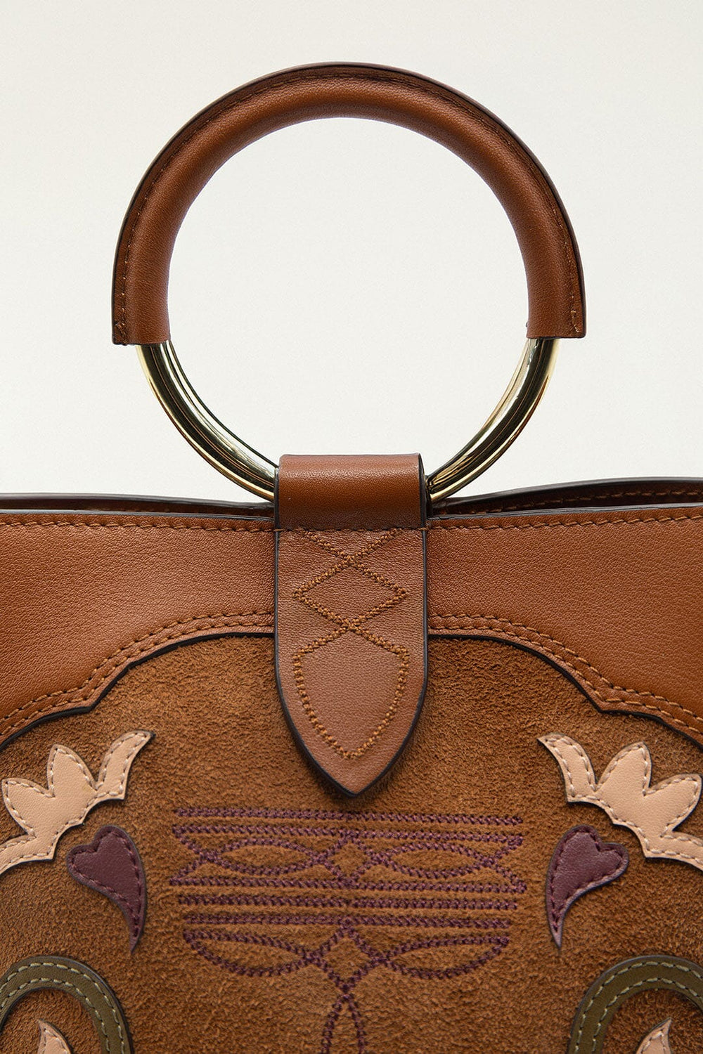 Brown Western Embroidered Leather Bucket Bag