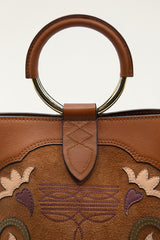 Brown Western Embroidered Leather Bucket Bag