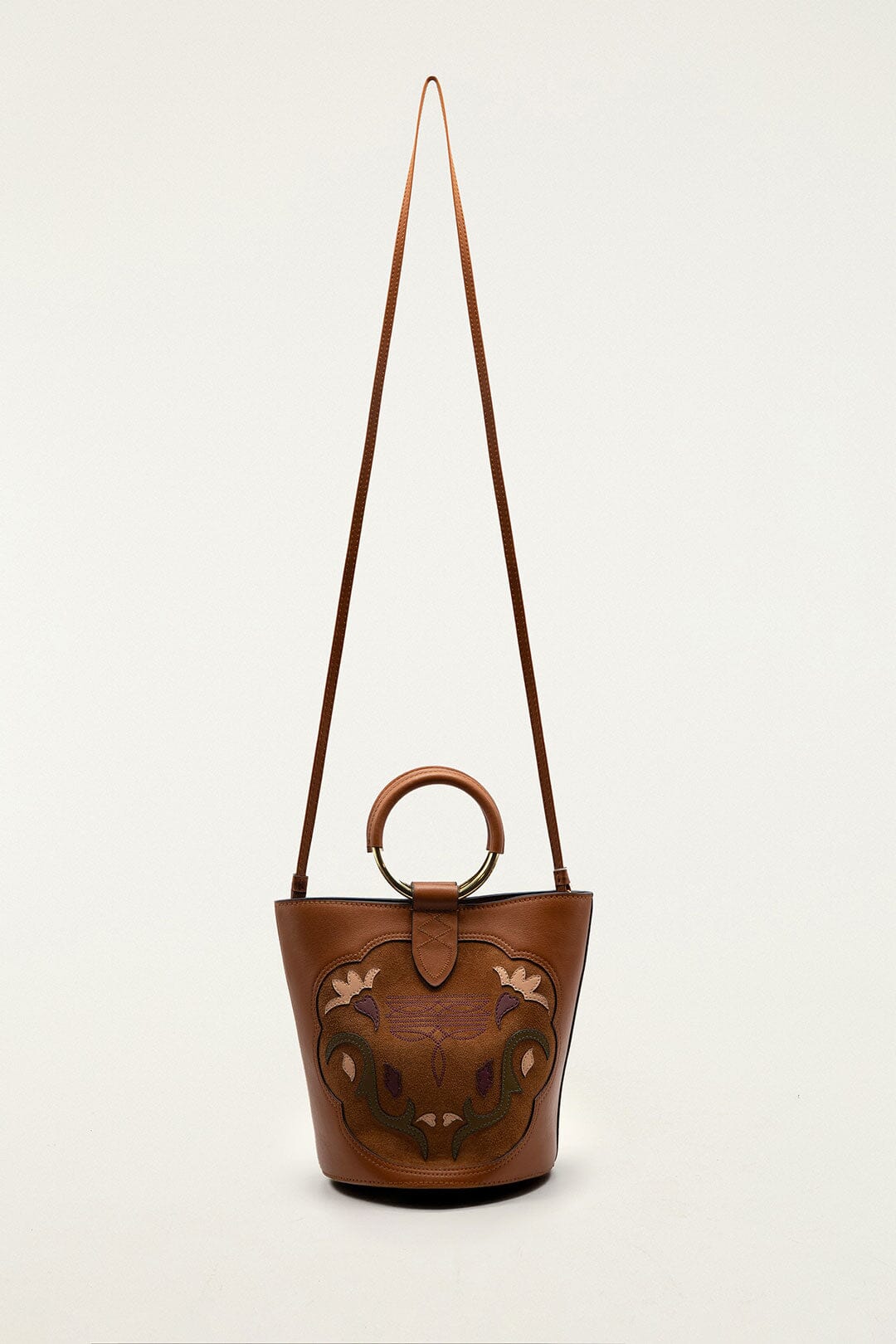 Brown Western Embroidered Leather Bucket Bag