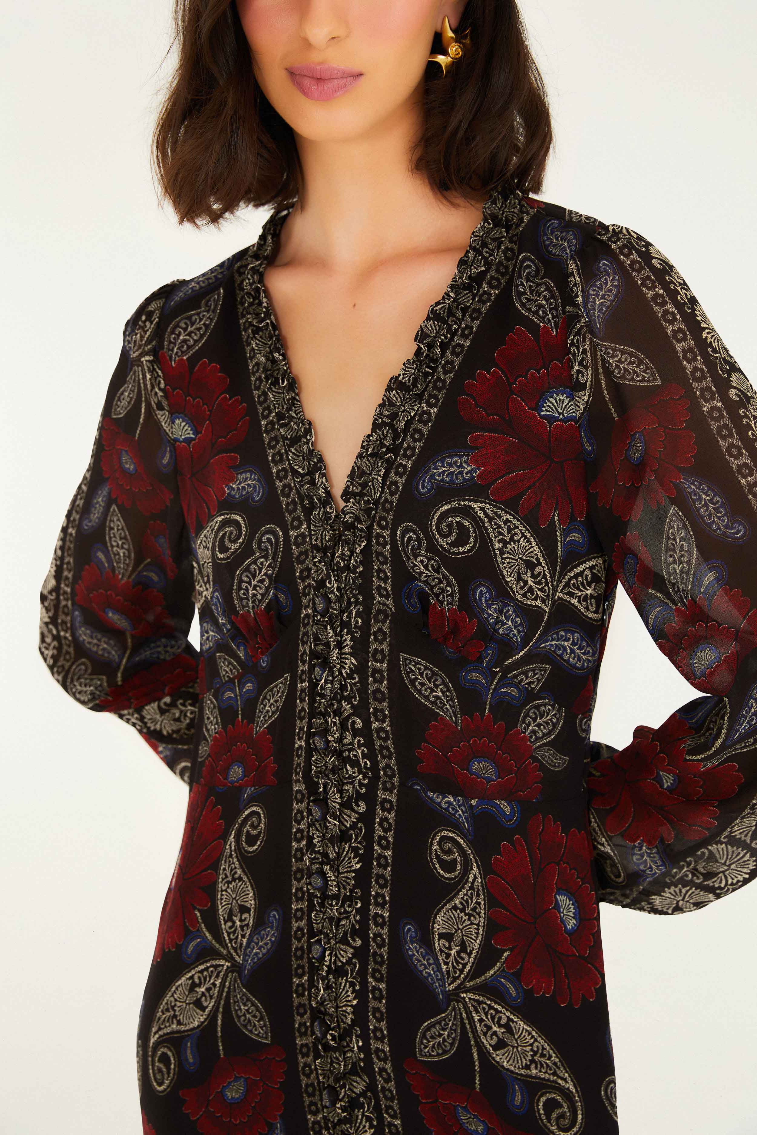 Black Valentina Ruffled Long Sleeve Midi Dress