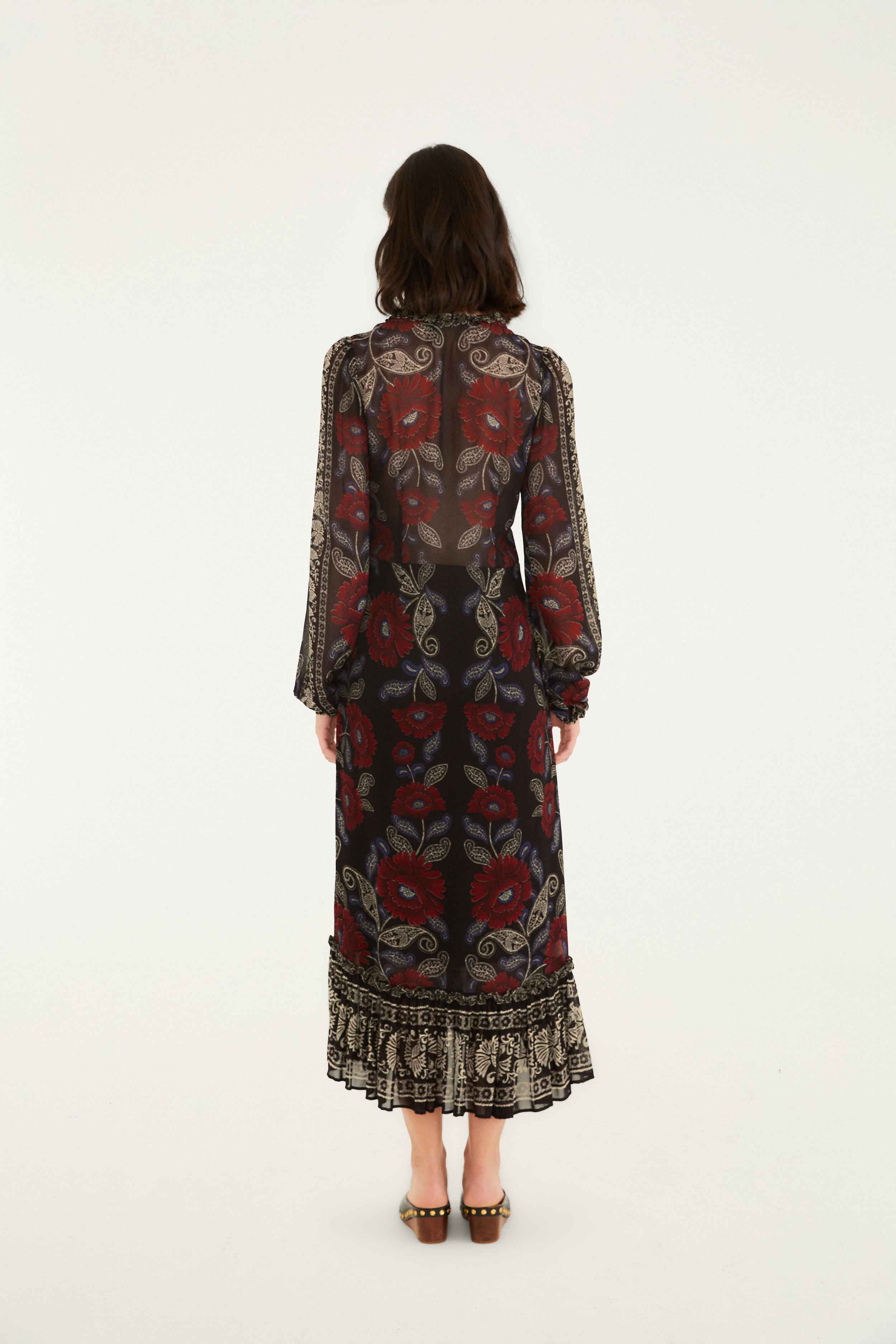 Black Valentina Ruffled Long Sleeve Midi Dress