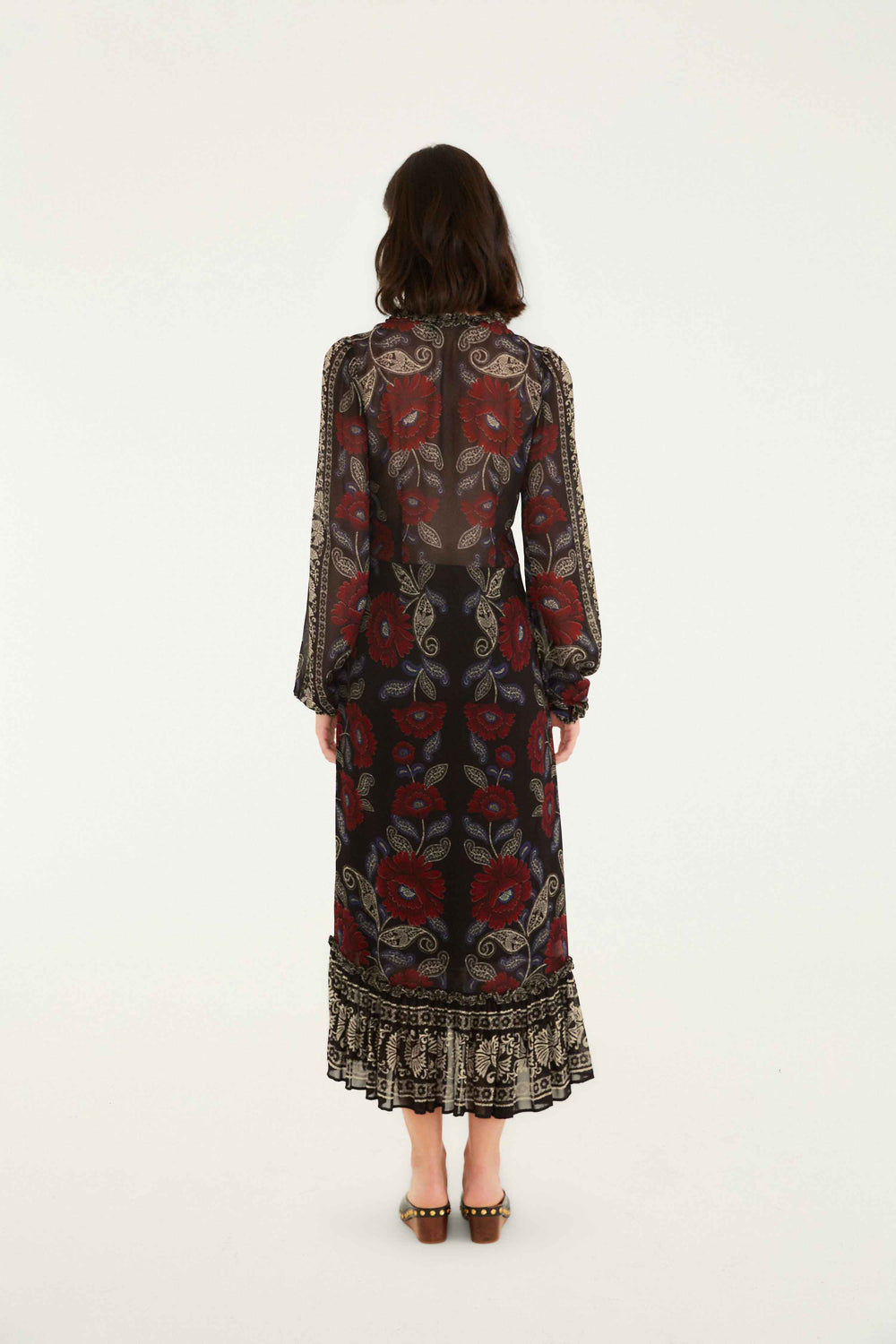 Black Valentina Ruffled Long Sleeve Midi Dress