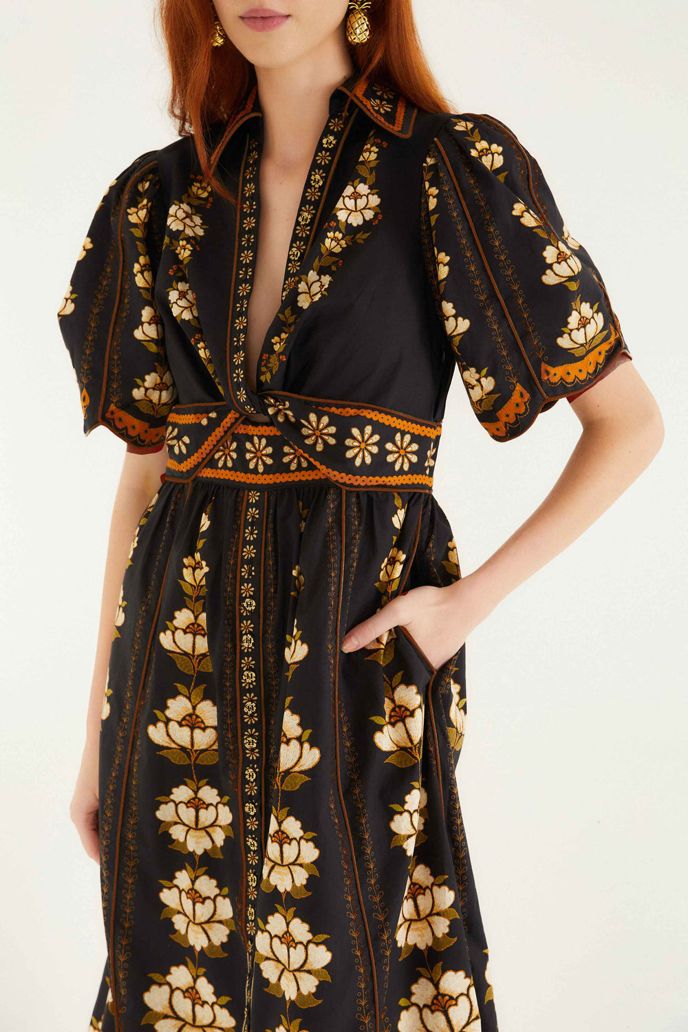 Black Bold Flowers Organic Cotton Midi Dress