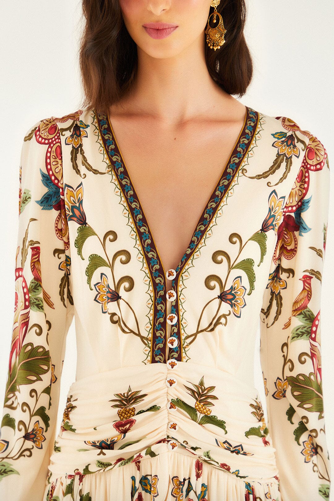 Cream Majestic Hearts Long Sleeve Midi Dress