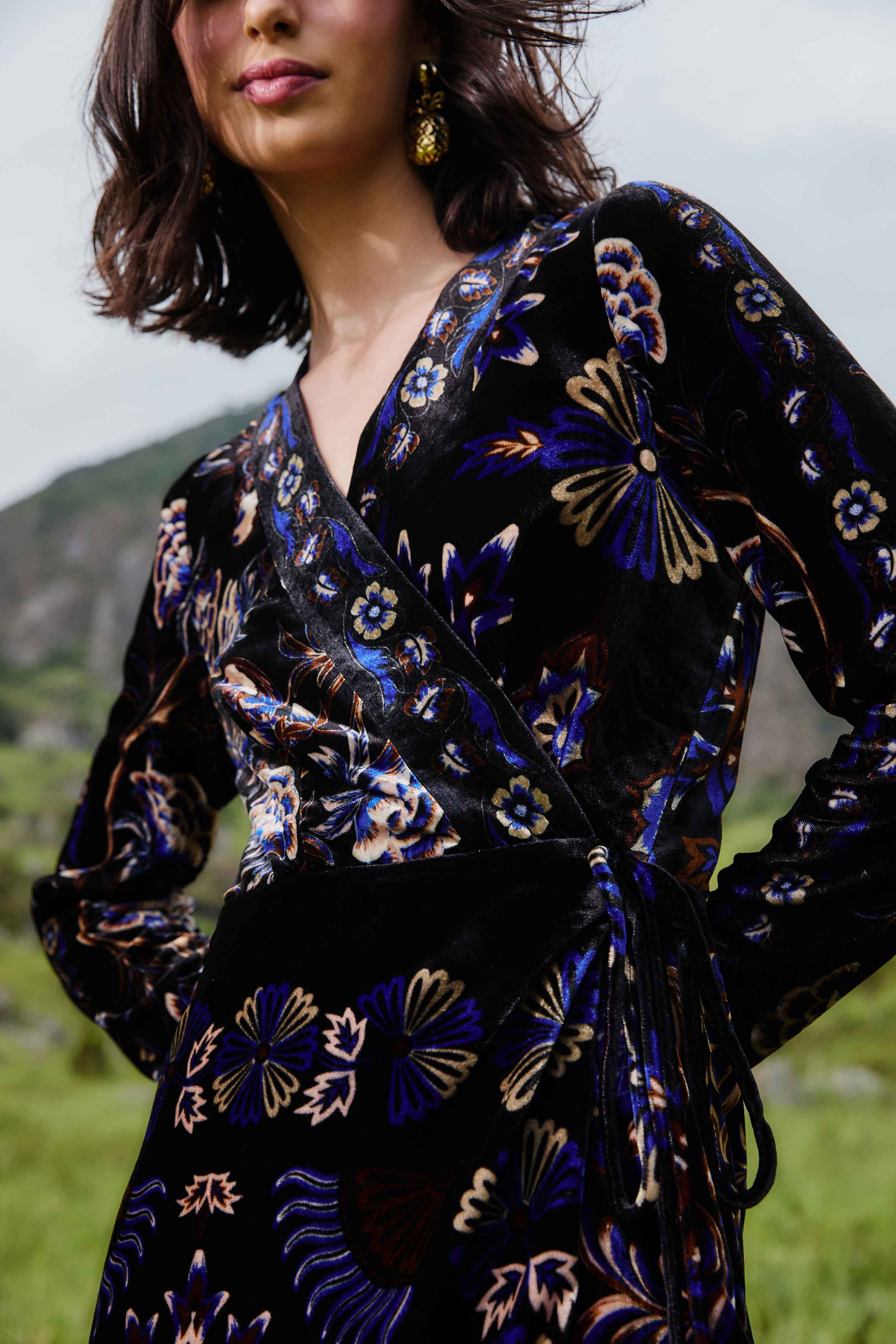 Black Arabesque Mix Scarves Wrap Mini Dress