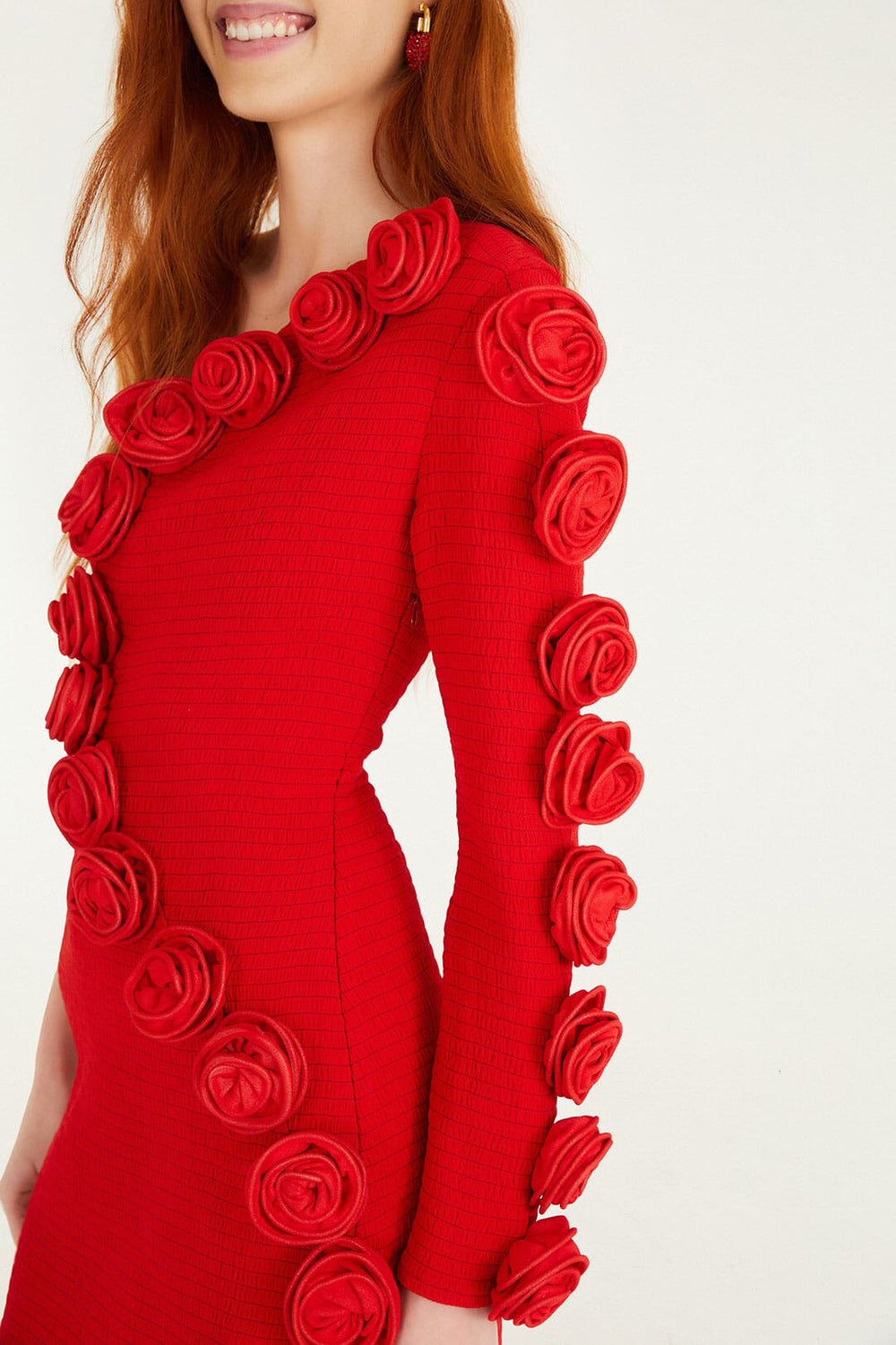 Red 3d Roses One-Shoulder Slim Mini Dress