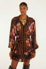 Black Chenille Flowers Belted Long Sleeve Mini Dress