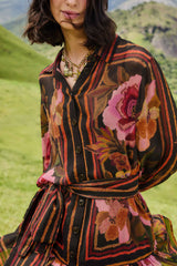 Black Chenille Flowers Belted Long Sleeve Mini Dress