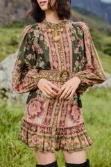 Green Flowering Garden Tree Mini Dress