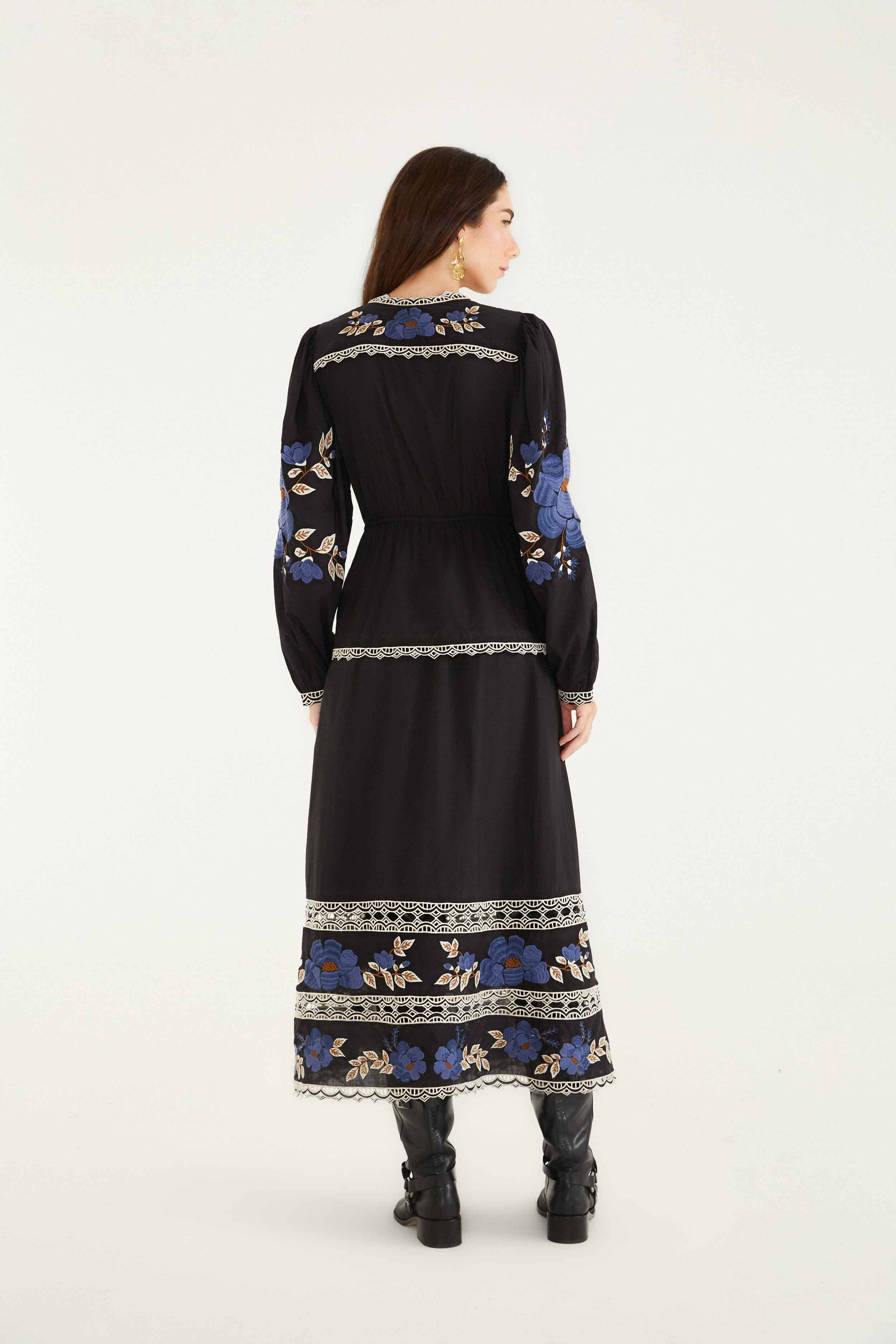 Black Bold Flowers Long Sleeve Midi Dress