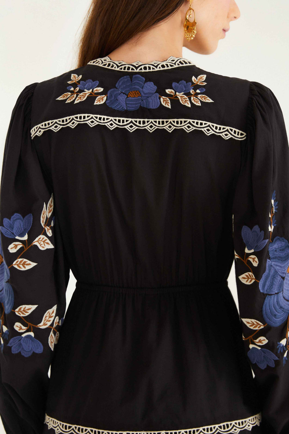 Black Bold Flowers Long Sleeve Midi Dress