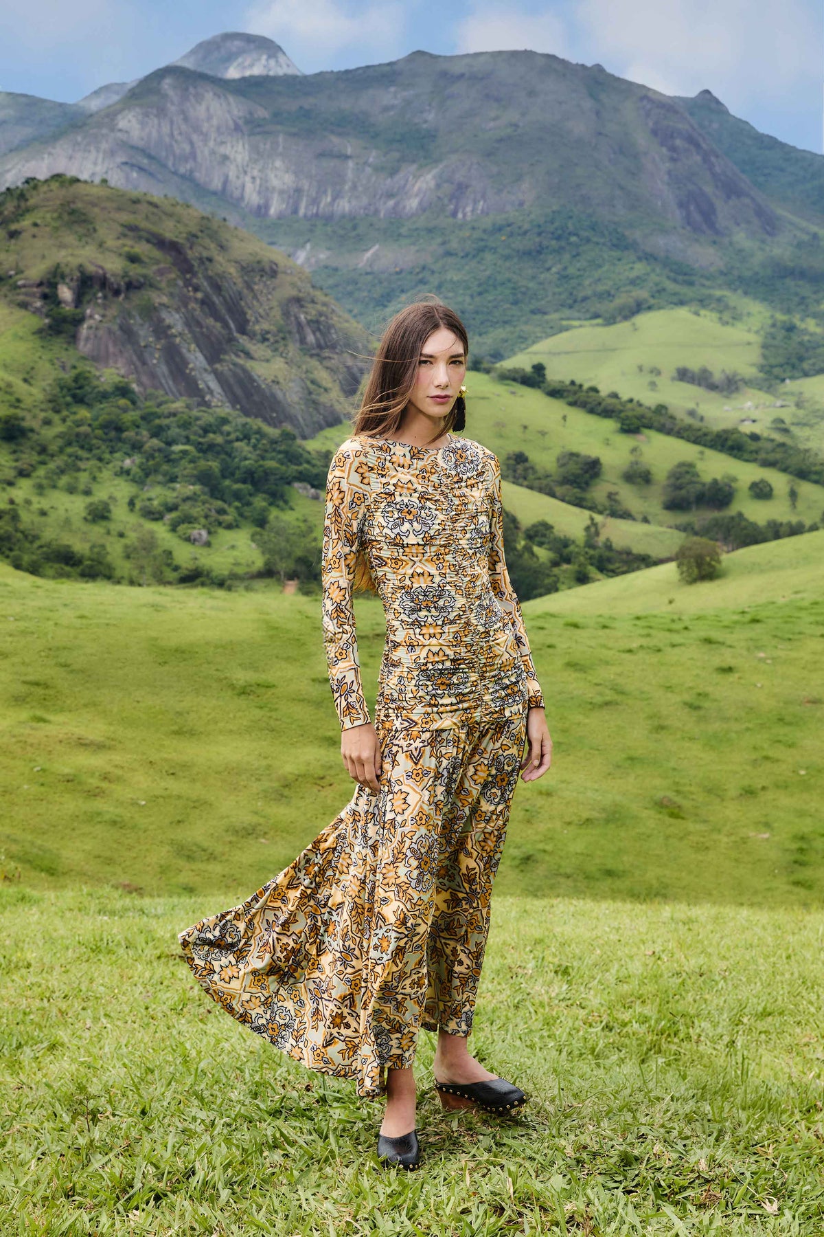 Blue Winter Tapestry Long Sleeve Maxi Dress