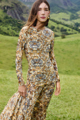 Blue Winter Tapestry Long Sleeve Maxi Dress