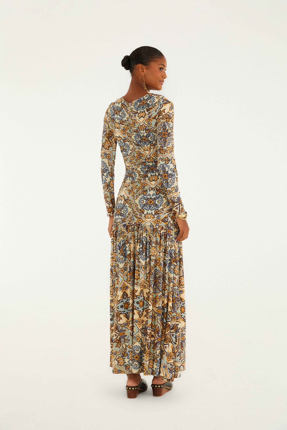 Blue Winter Tapestry Long Sleeve Maxi Dress