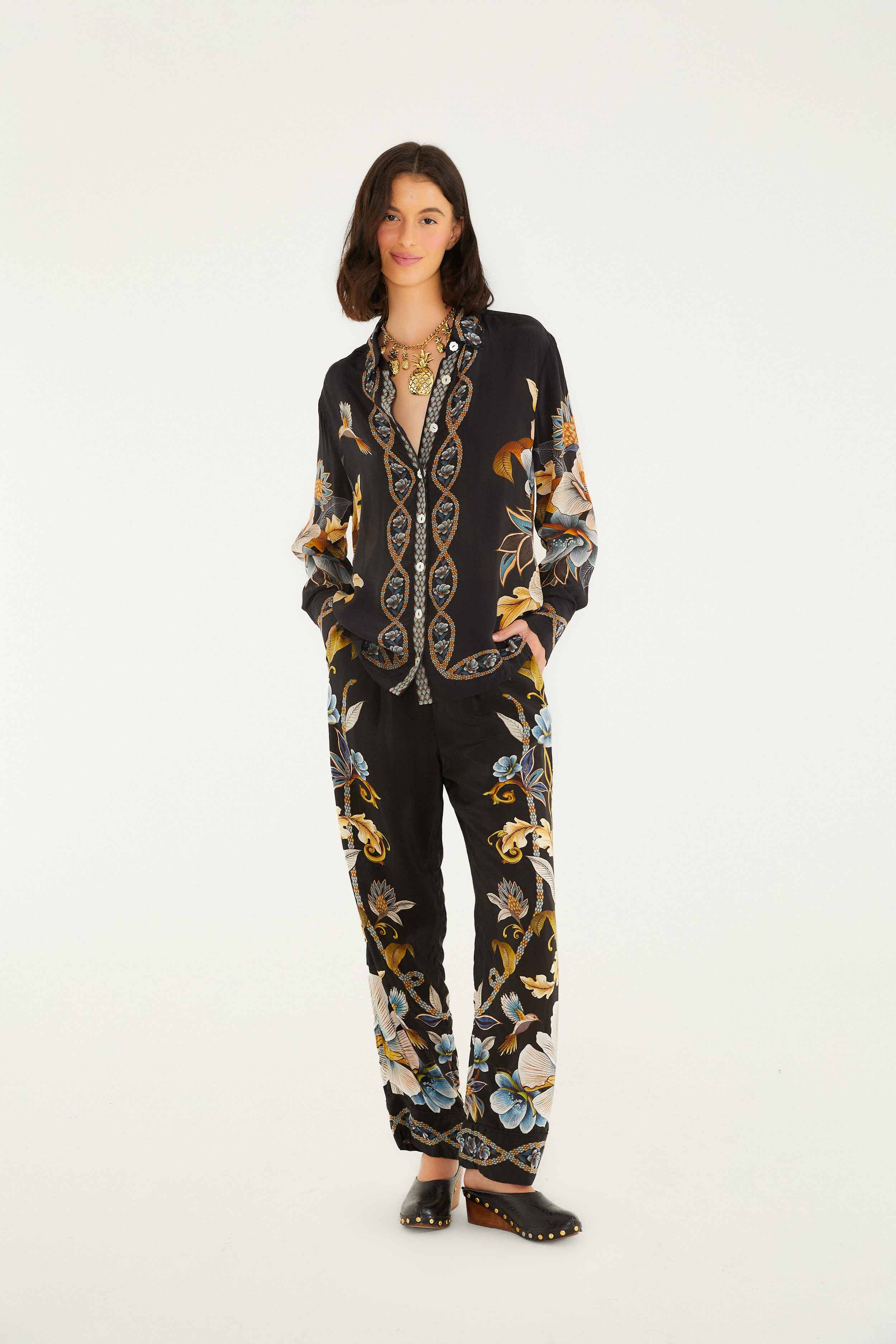 Black Flowerful Garden Pajama Pants