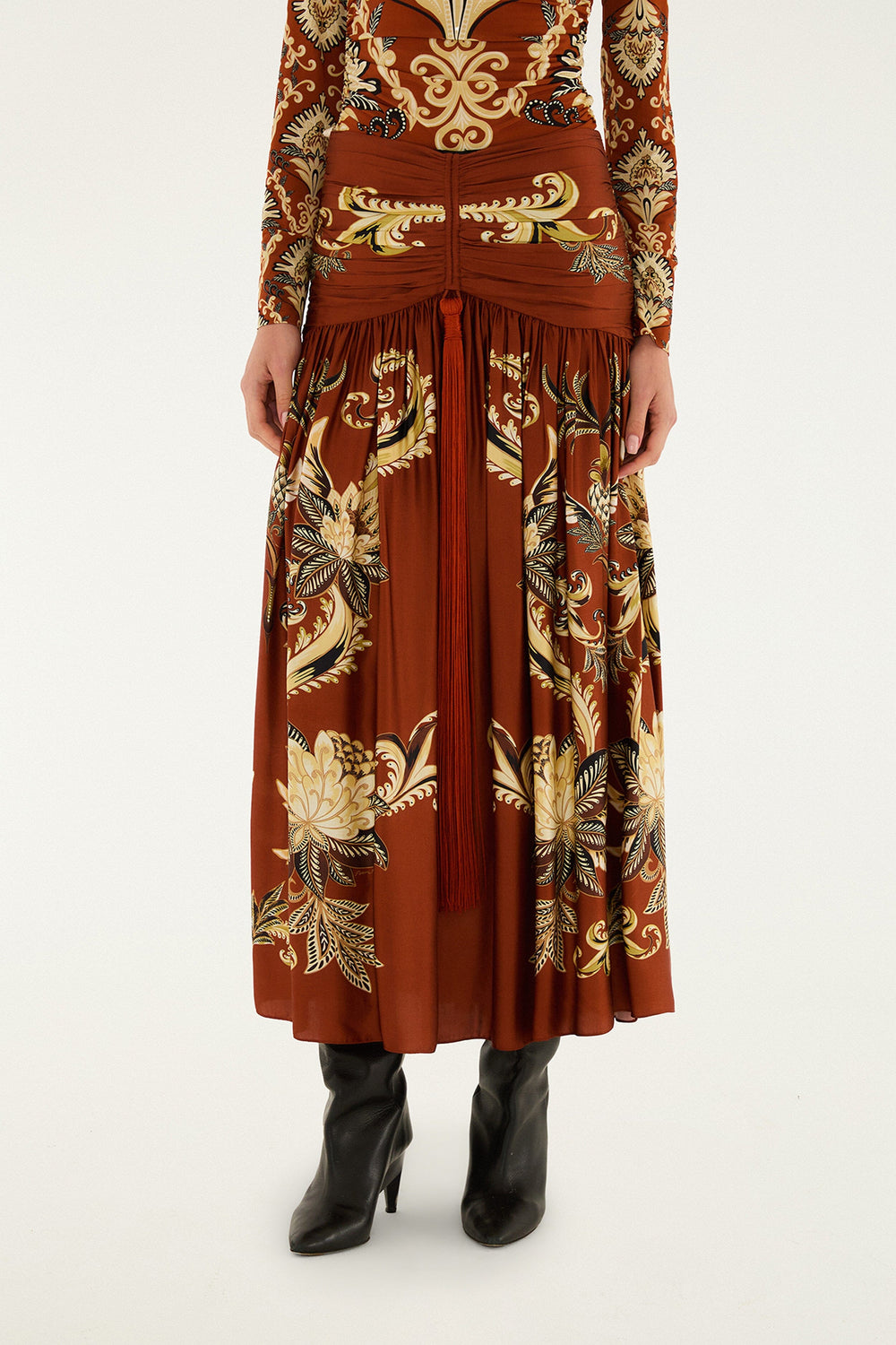 Orange Arabesque Paradise Flower Fringe Lenzing� Ecovero� Viscose Midi Skirt