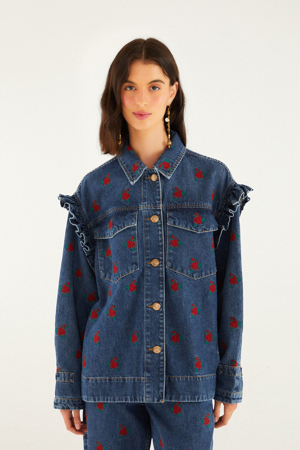 Denim Embroidered Flowers Shirt