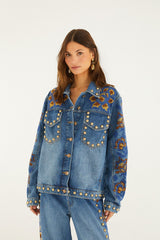 Denim Metal Details Embroidered Jacket