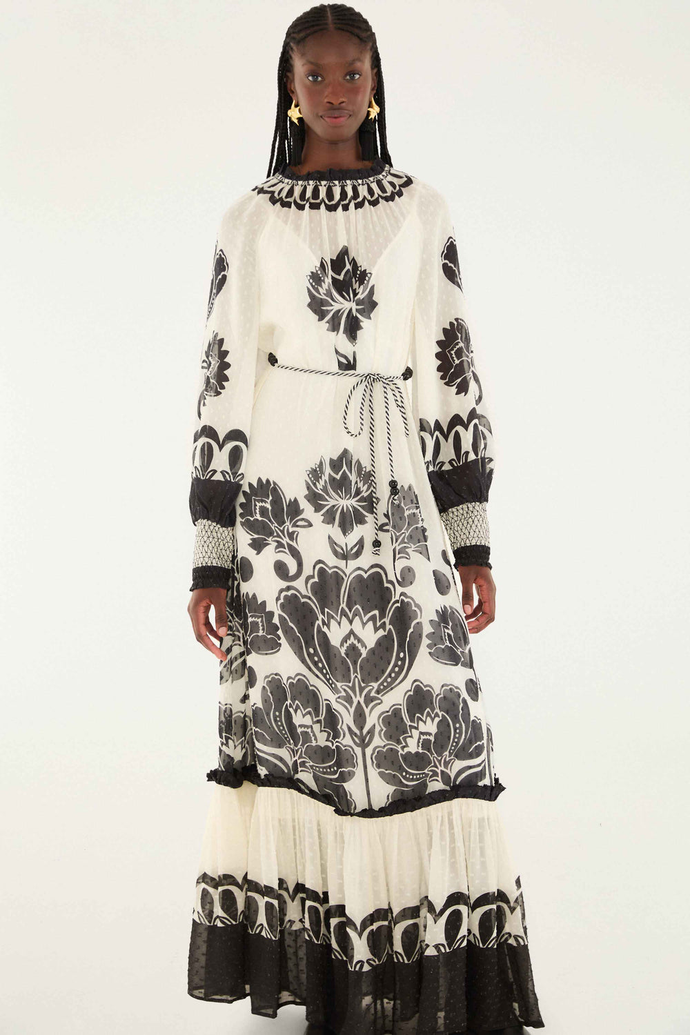 Cream Floral Arabesque Rope Belt Maxi Dress