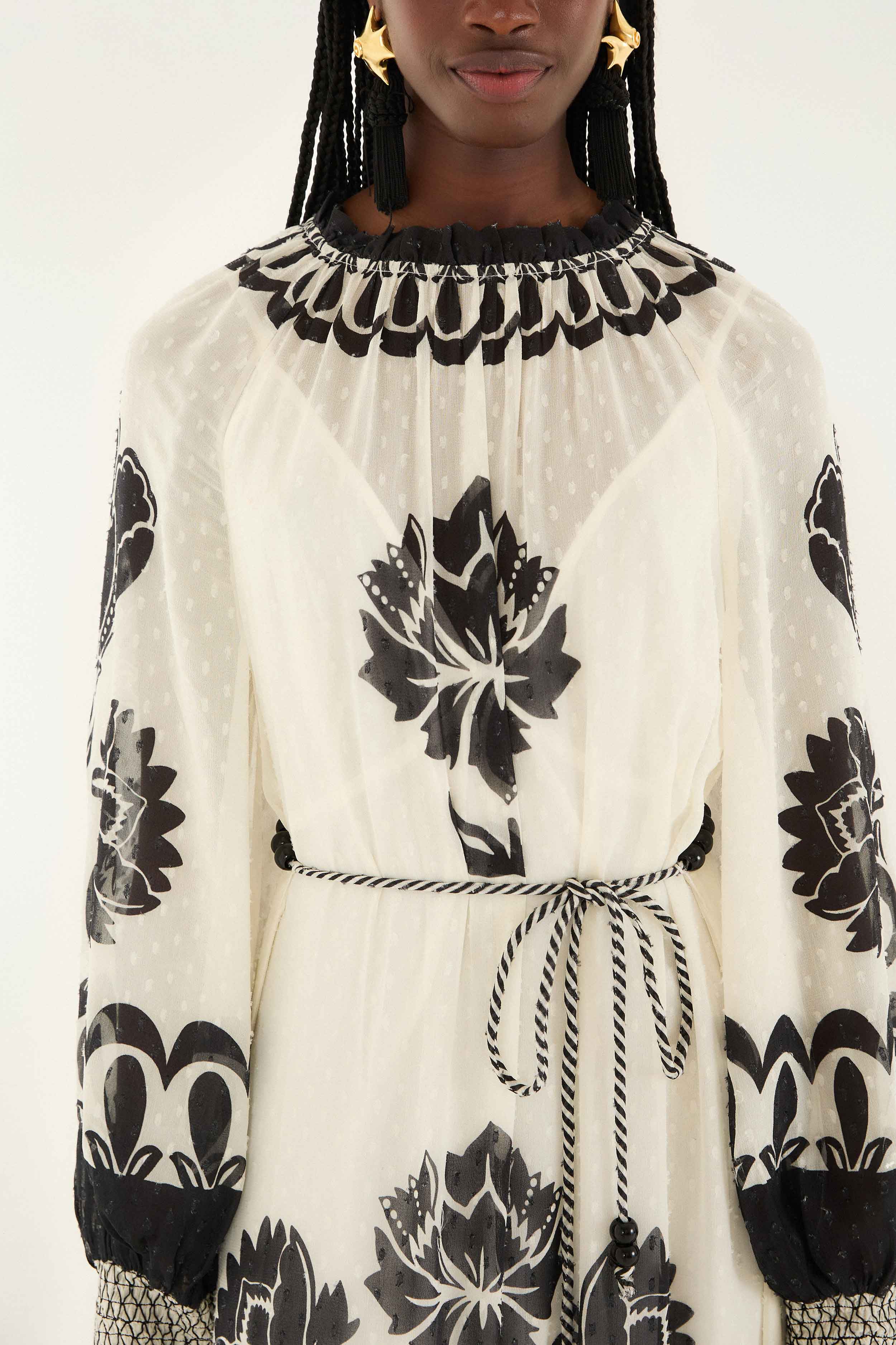 Cream Floral Arabesque Rope Belt Maxi Dress