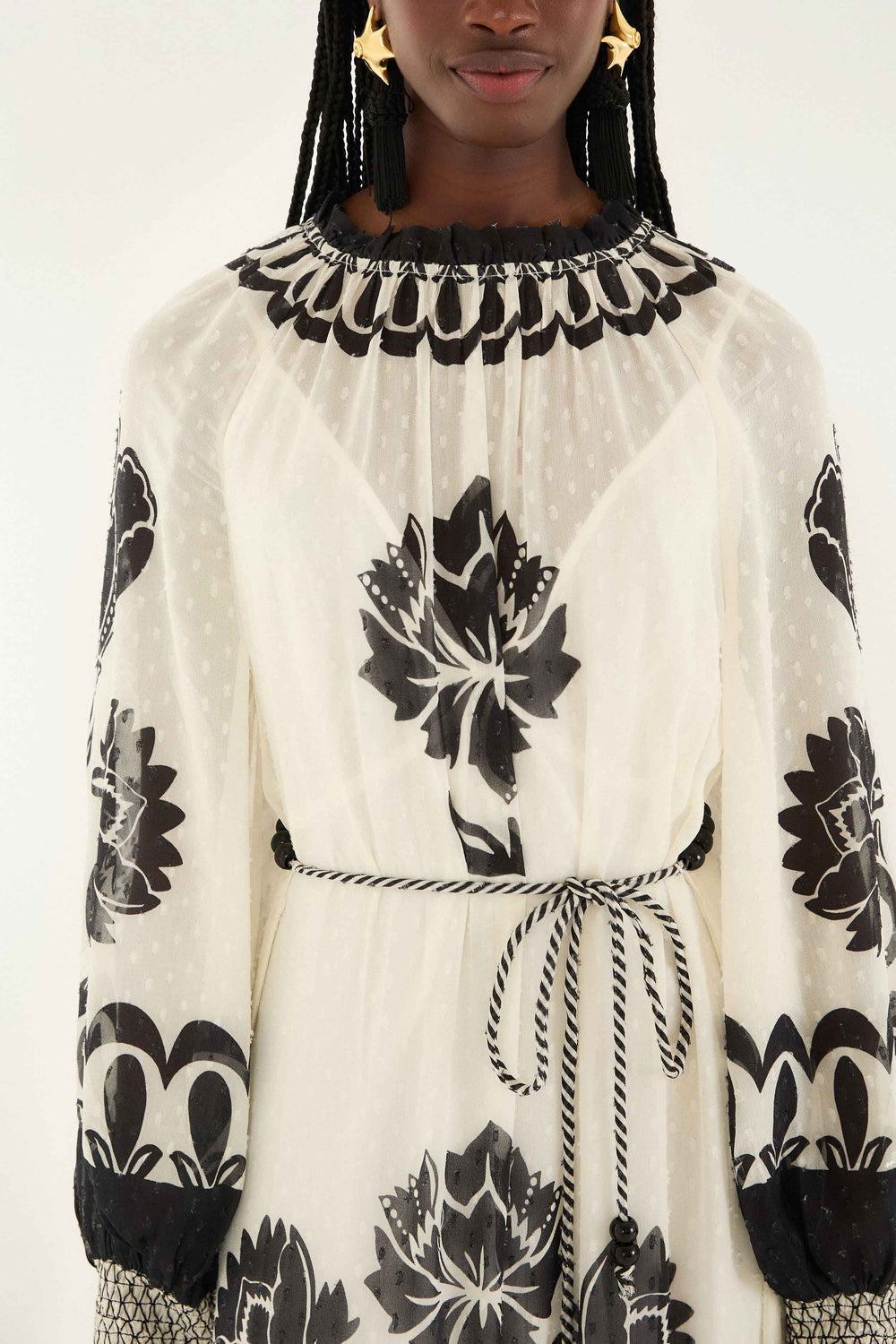 Cream Floral Arabesque Rope Belt Maxi Dress