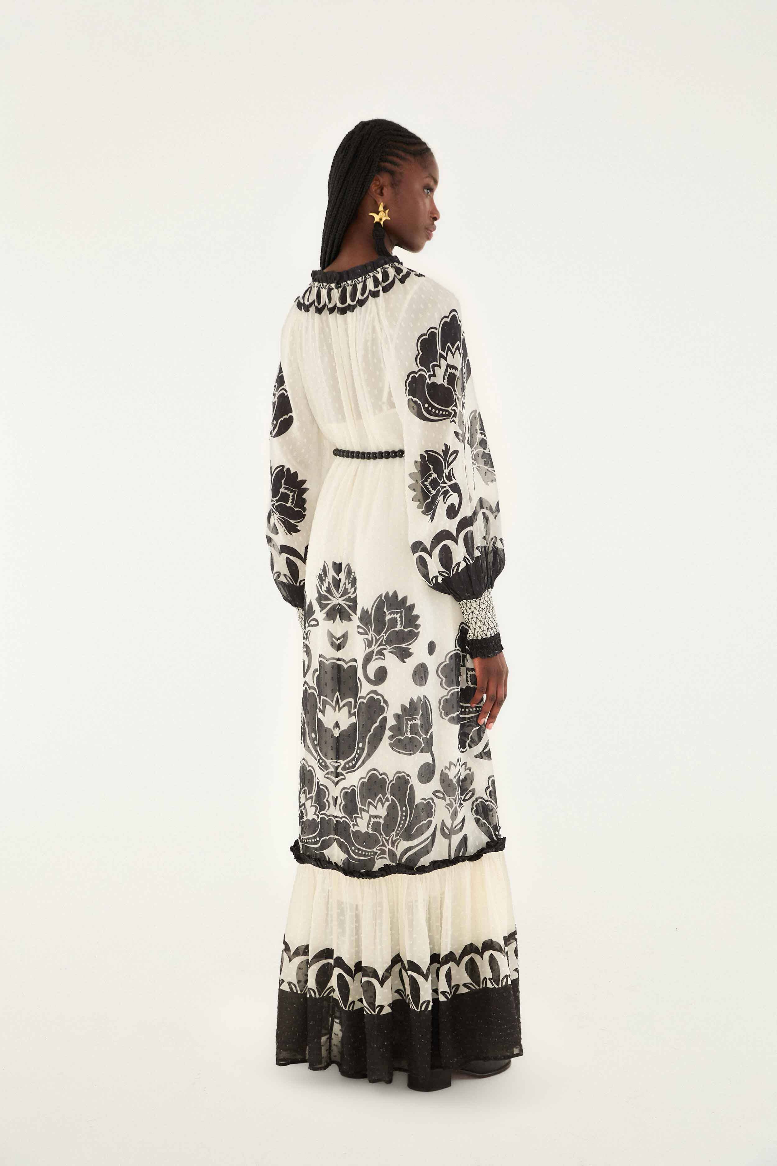 Cream Floral Arabesque Rope Belt Maxi Dress