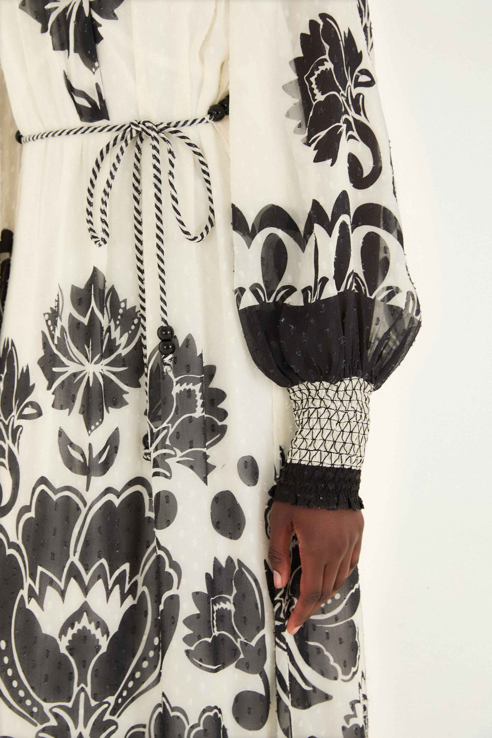 Cream Floral Arabesque Rope Belt Maxi Dress