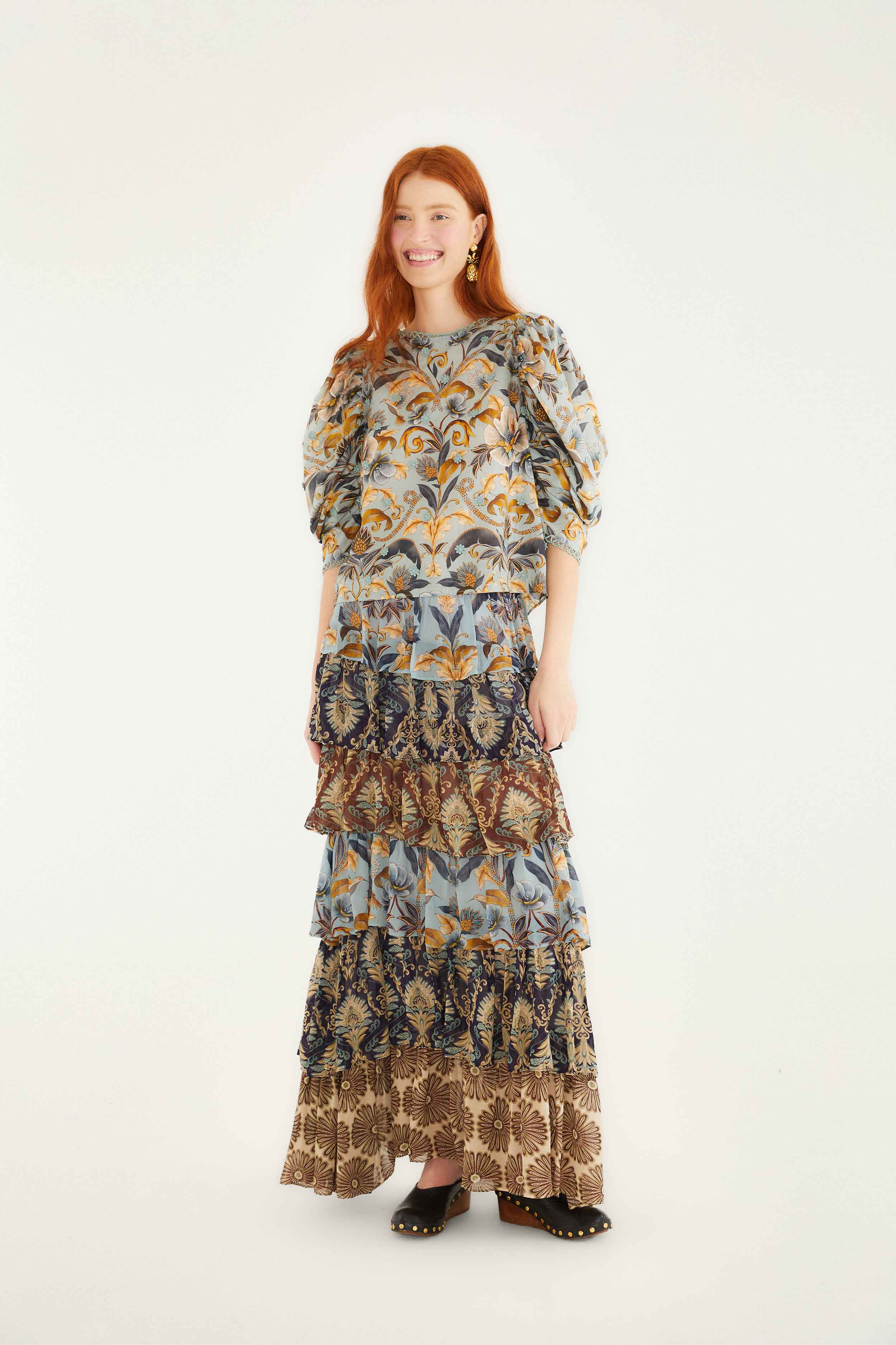 Mixed Scarves Ruffled Maxi Skirt