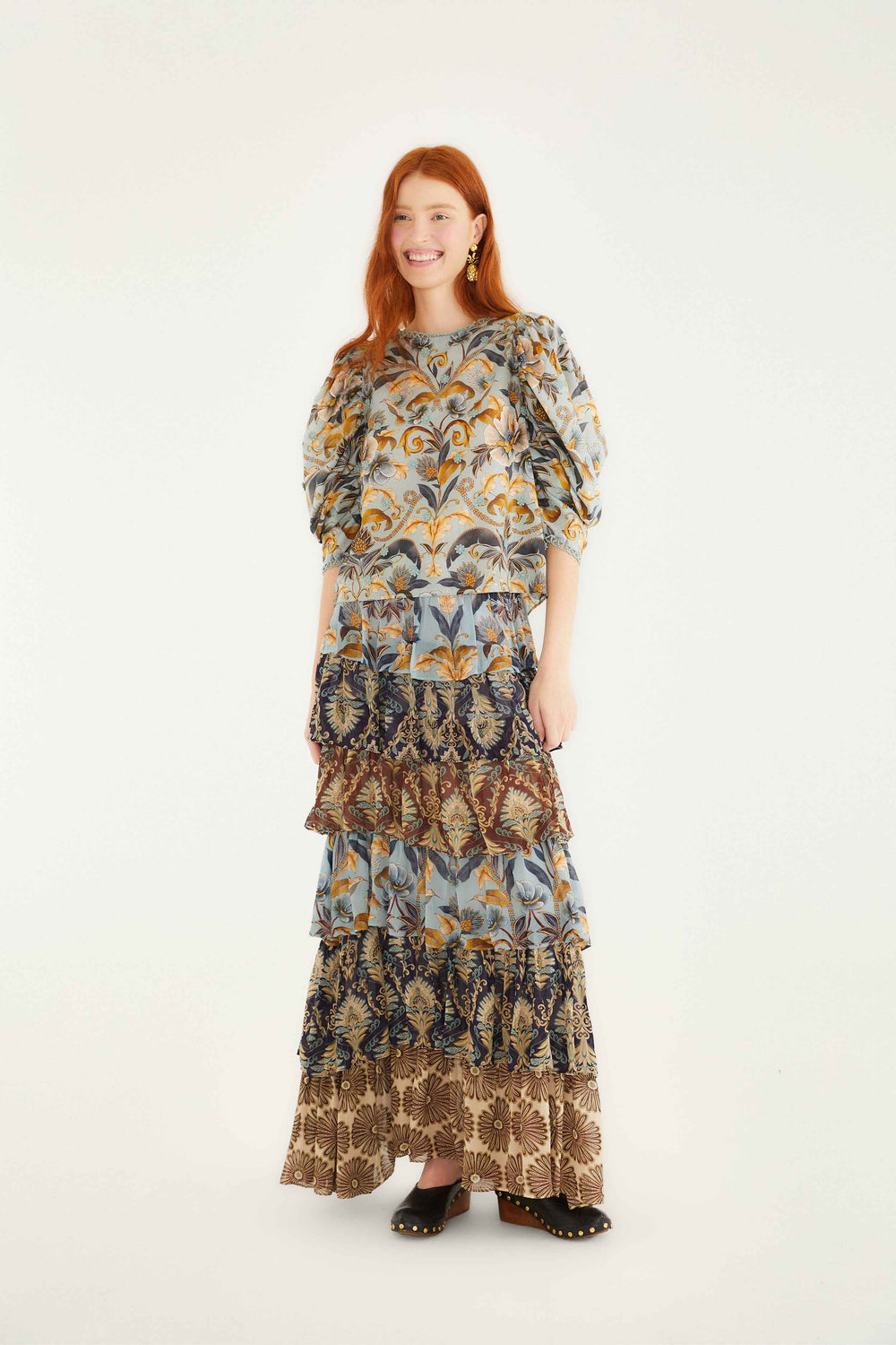 Mixed Scarves Ruffled Maxi Skirt