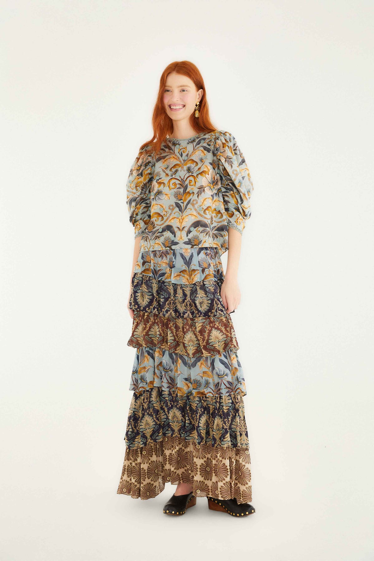 Mixed Scarves Ruffled Maxi Skirt