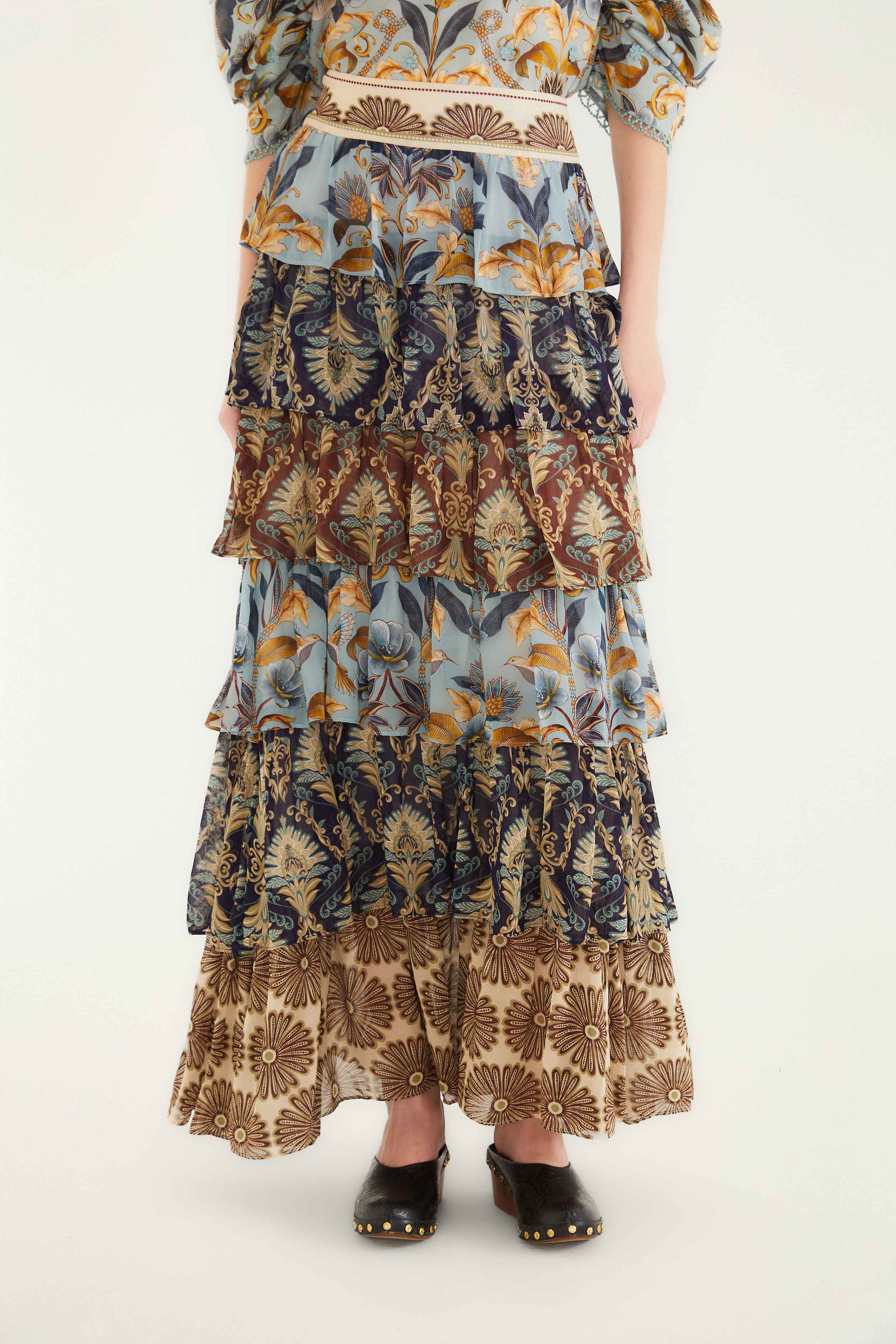 Mixed Scarves Ruffled Maxi Skirt